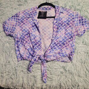 Spencer's Galactic Mermaid Button Down Tie Crop Top Short Sleeve Purple Size M